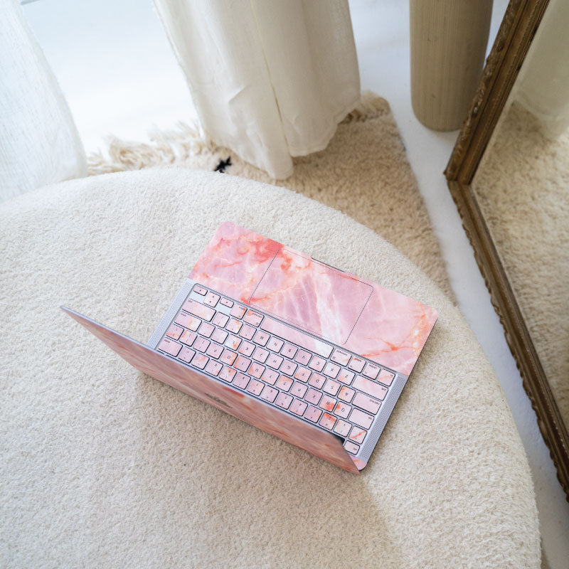 The Blush Marble MacBook Case with the full coverage Skin option, and the matching internal MacBook Keyboard Skin