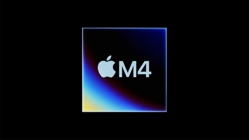Apple M4 chip logo with a vibrant, iridescent gradient border on a black background.