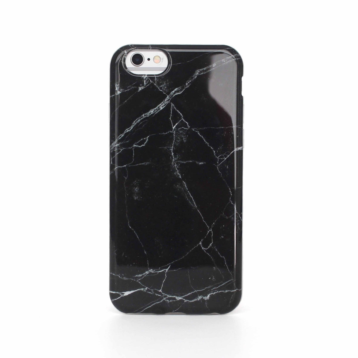 Glossy black marble phone case with white veining patterns on a white background.