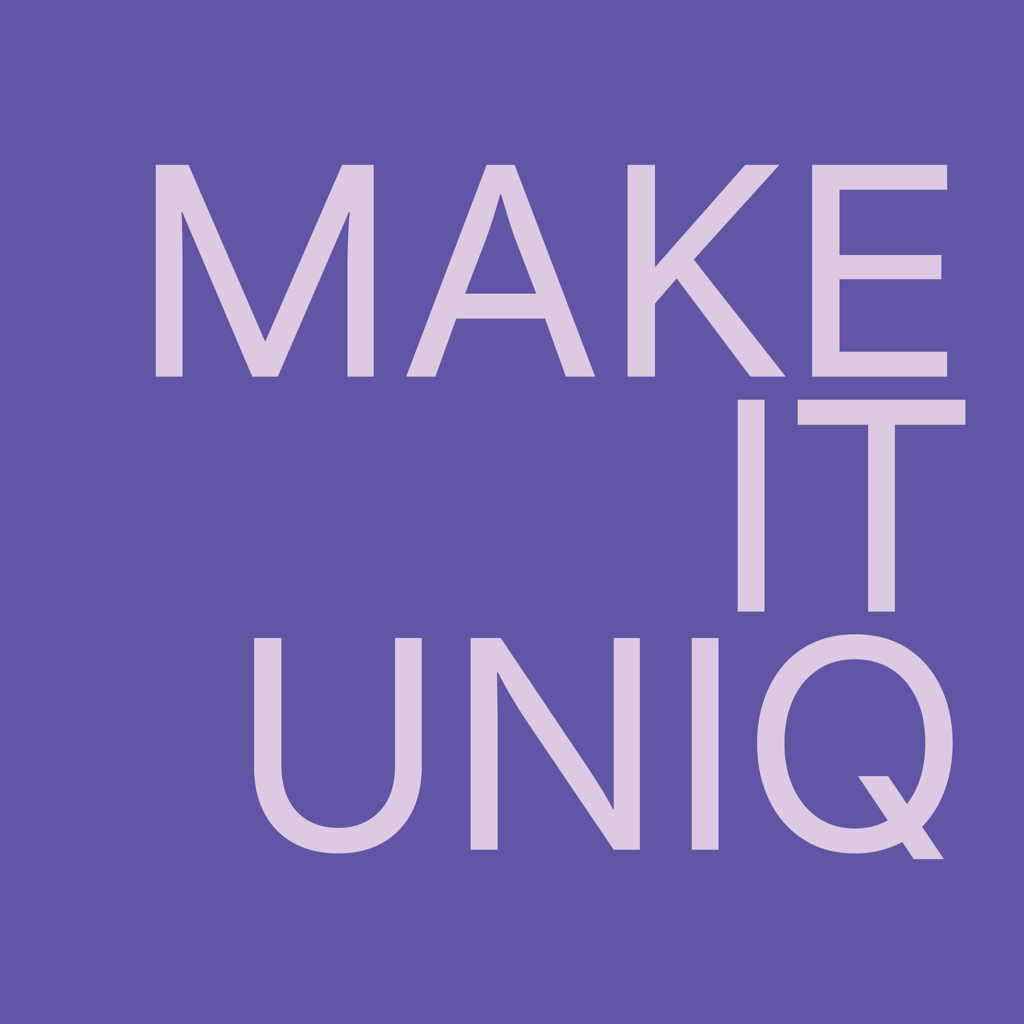 Minimalist purple graphic with the text MAKE IT UNIQ in light lavender, representing custom laptop cases and skins.