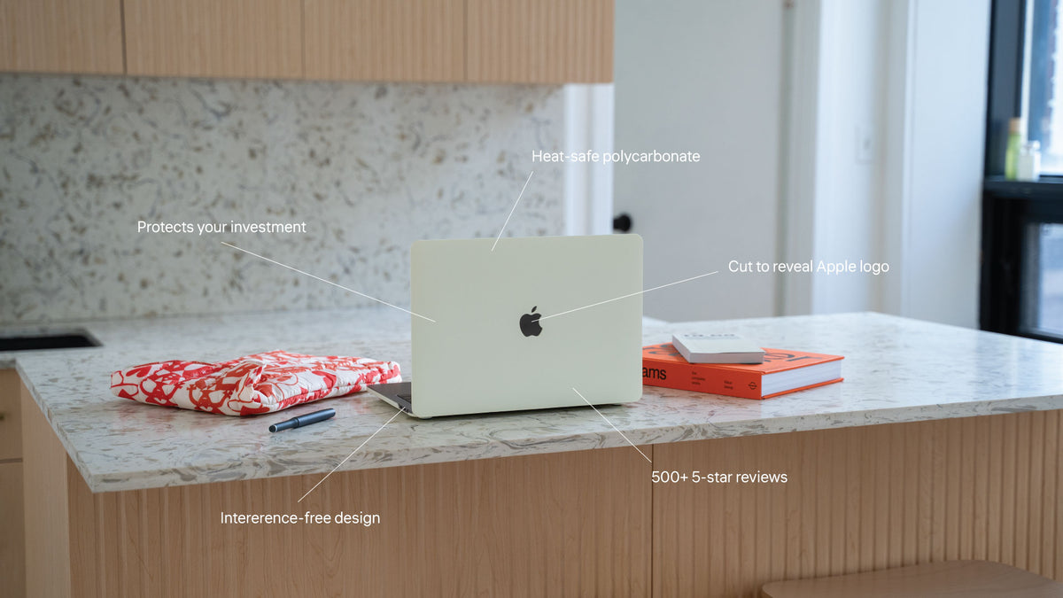Light green MacBook case on a laptop, highlighting heat-safe polycarbonate, logo cutout, and protective design features.
