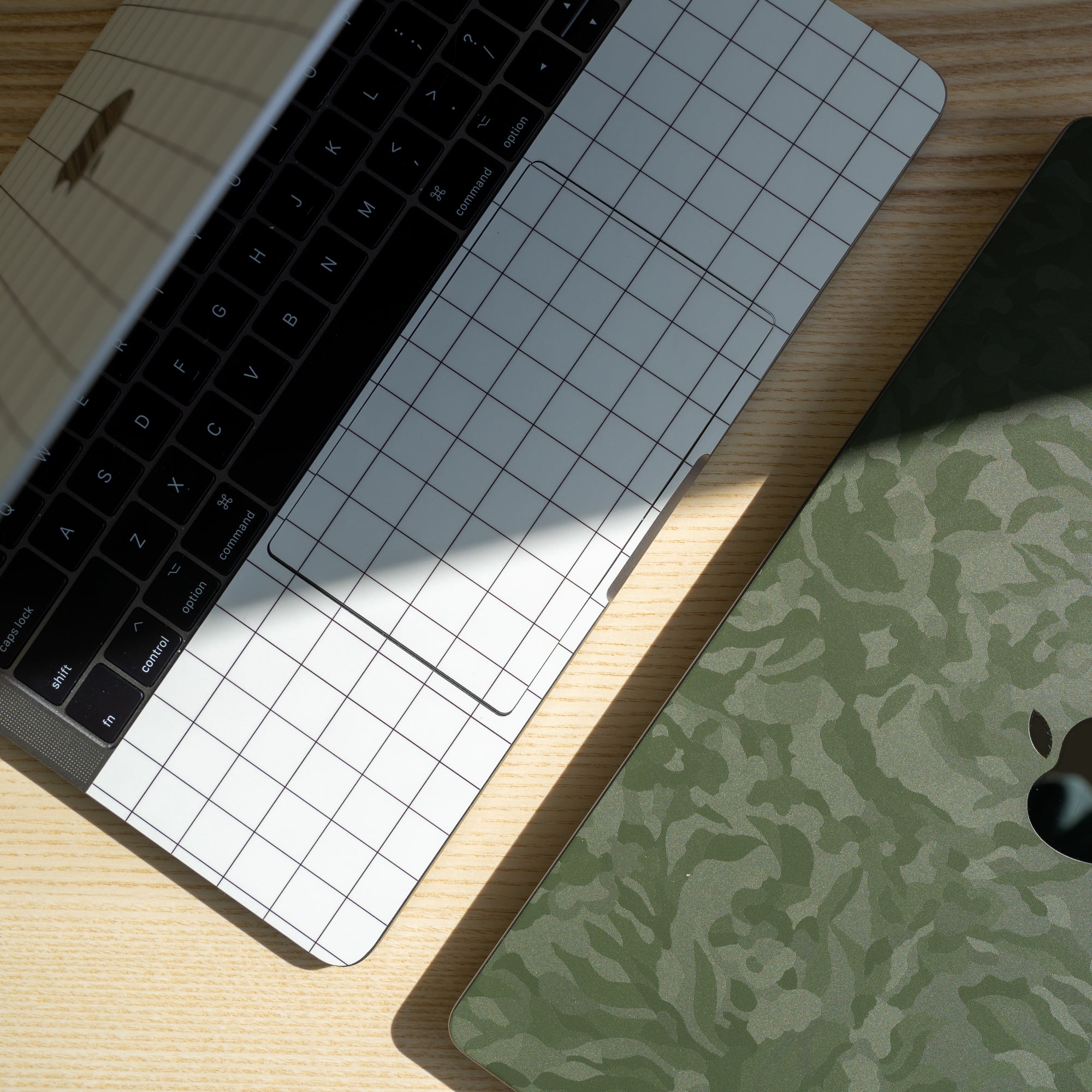 White Grid Full Coverage MacBook Skin and Green Camo Top MacBook Skin