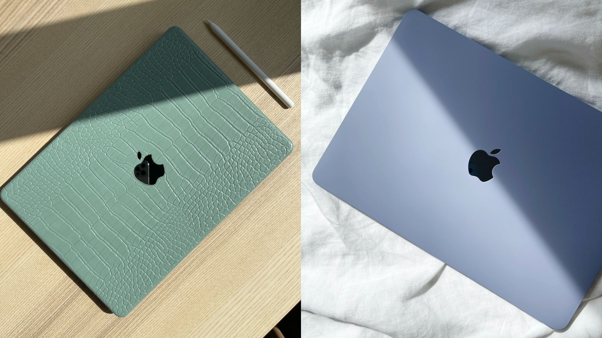 Two MacBooks, one with a sage green crocodile-textured case on a wooden desk and one with a smooth blue finish on white linen.