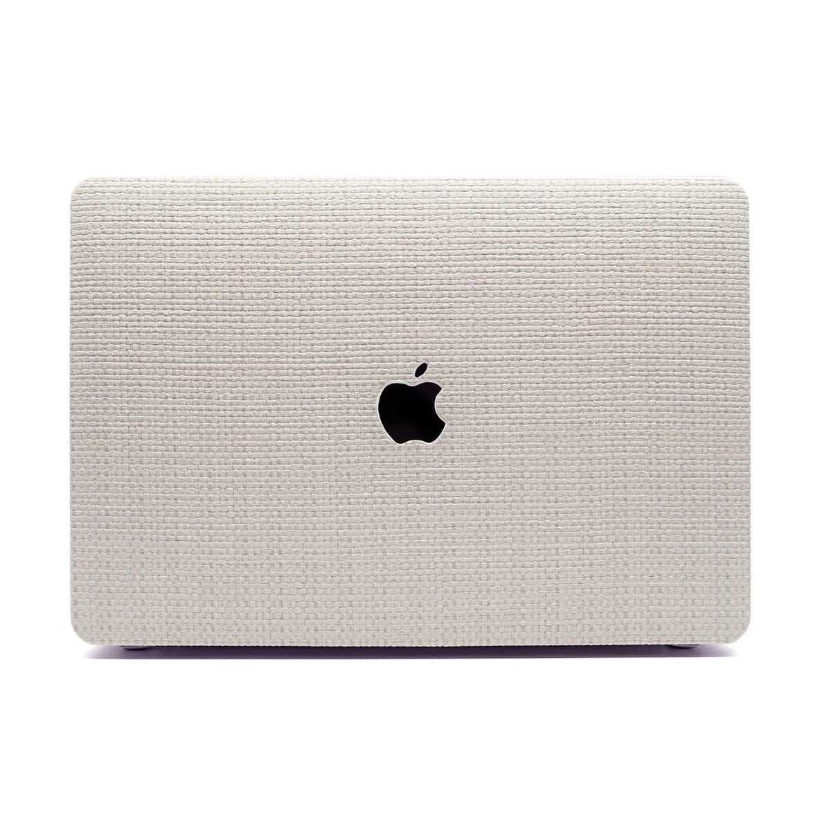 Off-white textured leather MacBook case with a woven pattern and a centered Apple logo cutout.